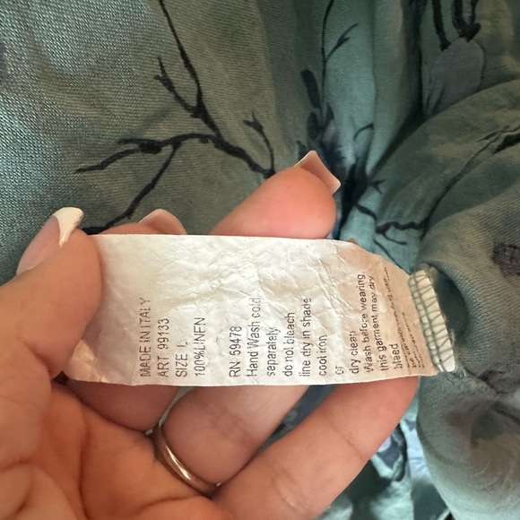 Elena Baldi Women's Size Large Blue Floral 100% Linen Short Sleeve Linen Blouse - Picture 6 of 6